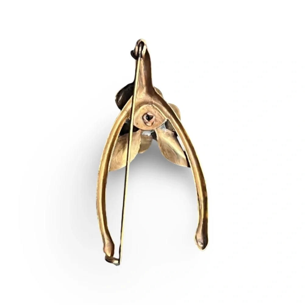 Vintage 1940s Gold Gilded Brass Wishbone Rose Brooch Pin